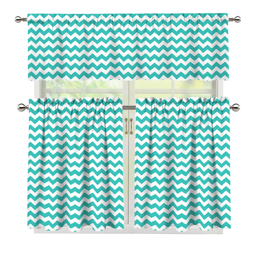 Teal And White Chevron Pattern Print 3 Piece Kitchen Curtains
