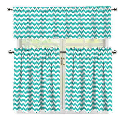 Teal And White Chevron Pattern Print 3 Piece Kitchen Curtains