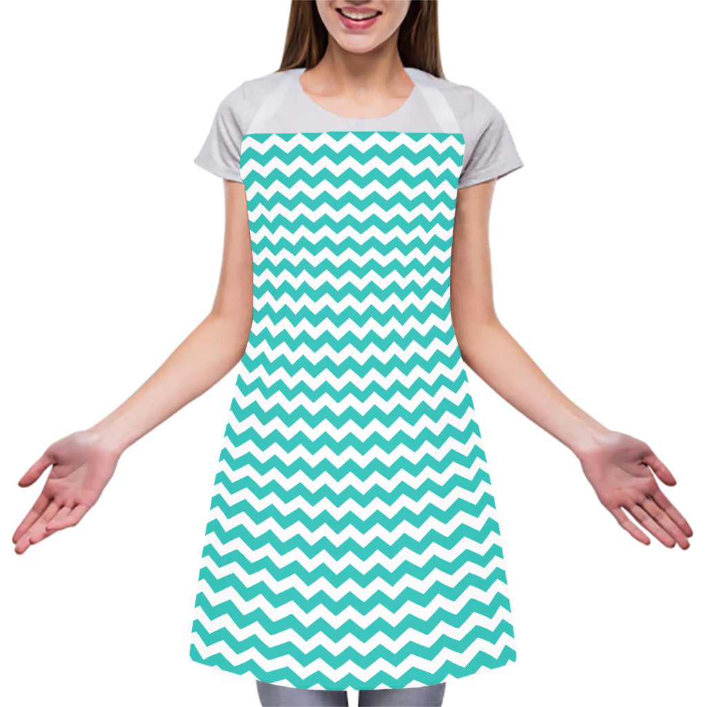 Teal And White Chevron Pattern Print Adjustable Apron