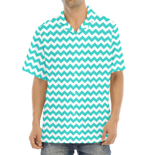 Teal And White Chevron Pattern Print Aloha Shirt