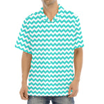 Teal And White Chevron Pattern Print Aloha Shirt
