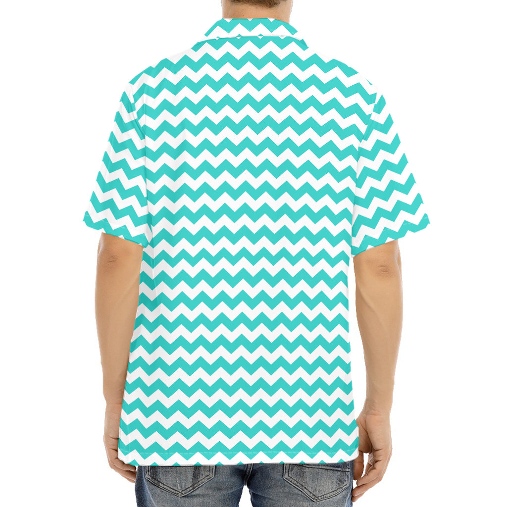 Teal And White Chevron Pattern Print Aloha Shirt