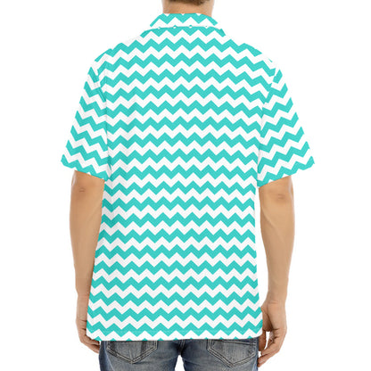 Teal And White Chevron Pattern Print Aloha Shirt