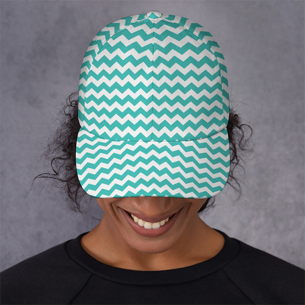Teal And White Chevron Pattern Print Baseball Cap