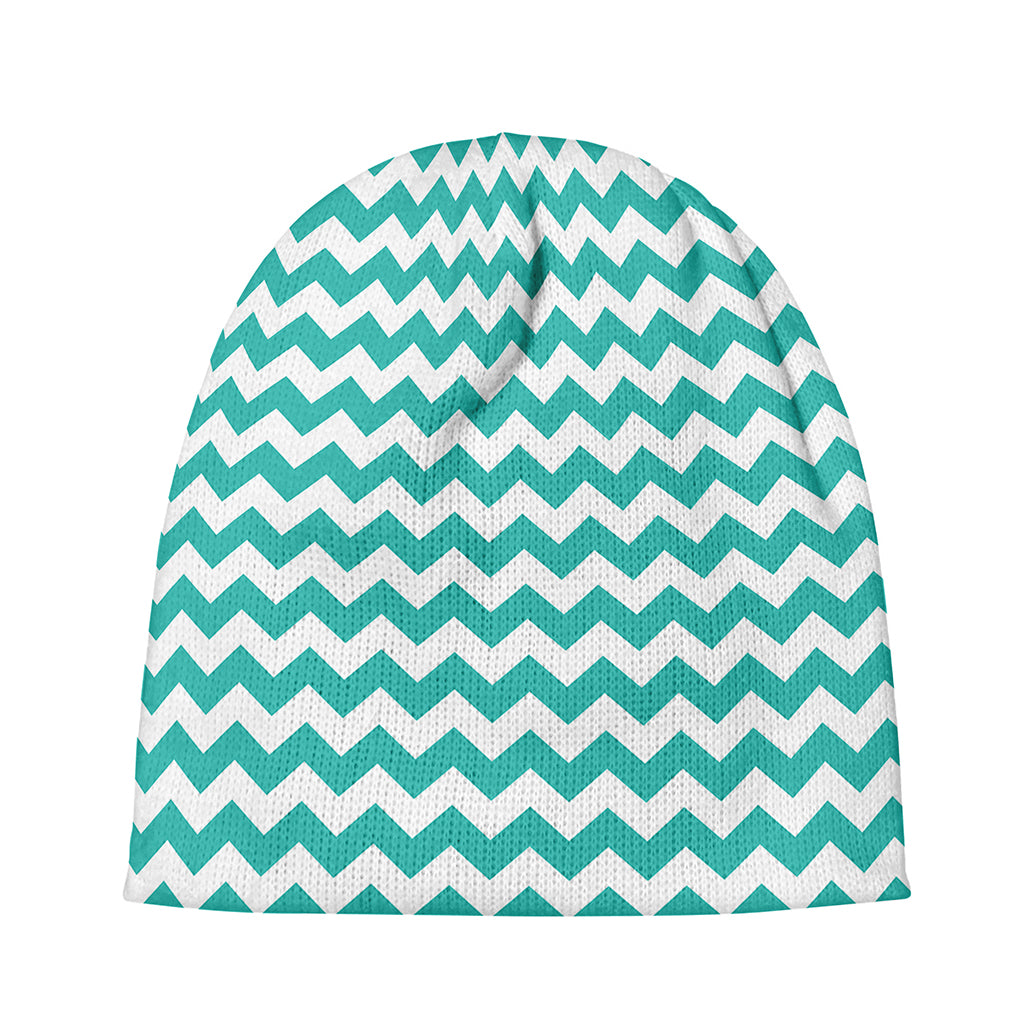 Teal And White Chevron Pattern Print Beanie