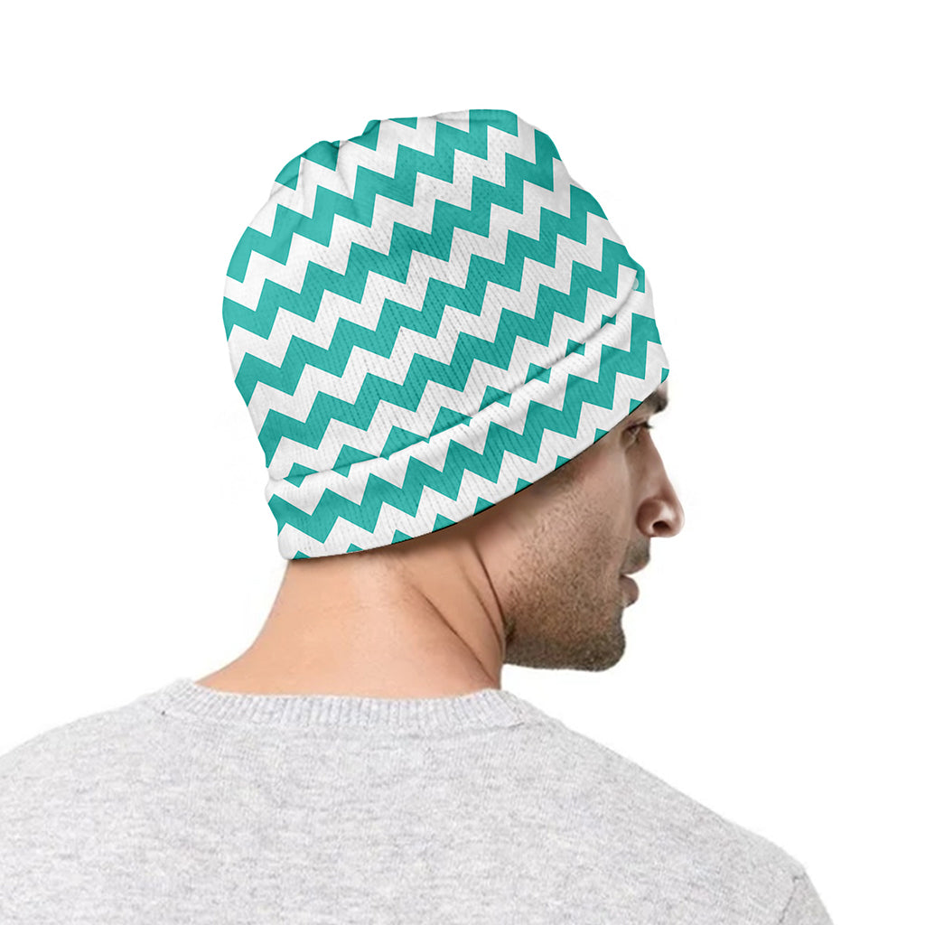 Teal And White Chevron Pattern Print Beanie