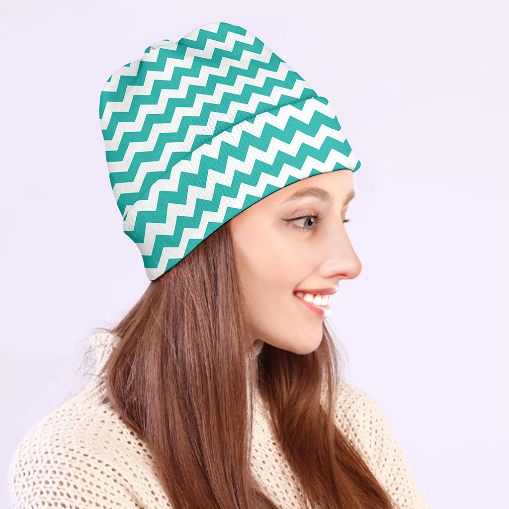 Teal And White Chevron Pattern Print Beanie