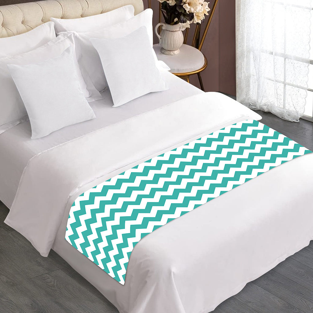 Teal And White Chevron Pattern Print Bed Runner