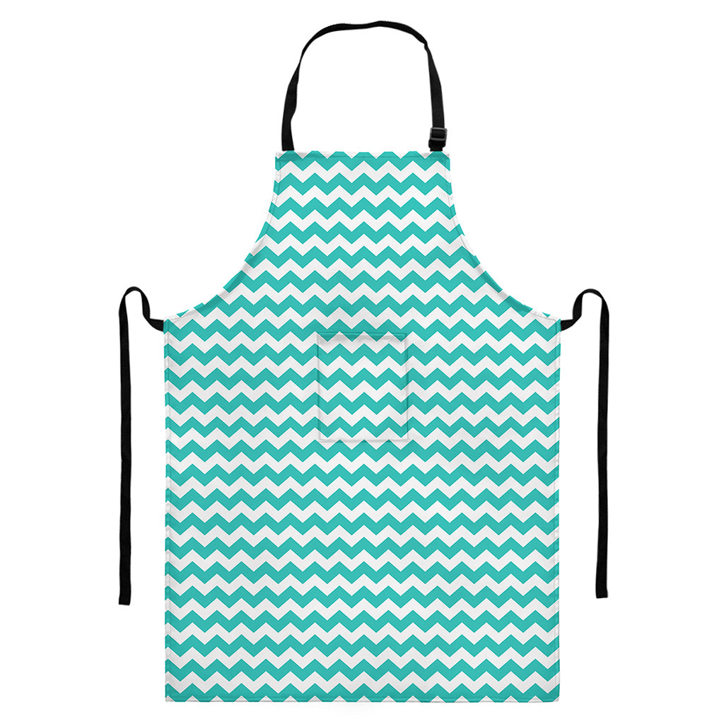 Teal And White Chevron Pattern Print Bib Apron With Pocket