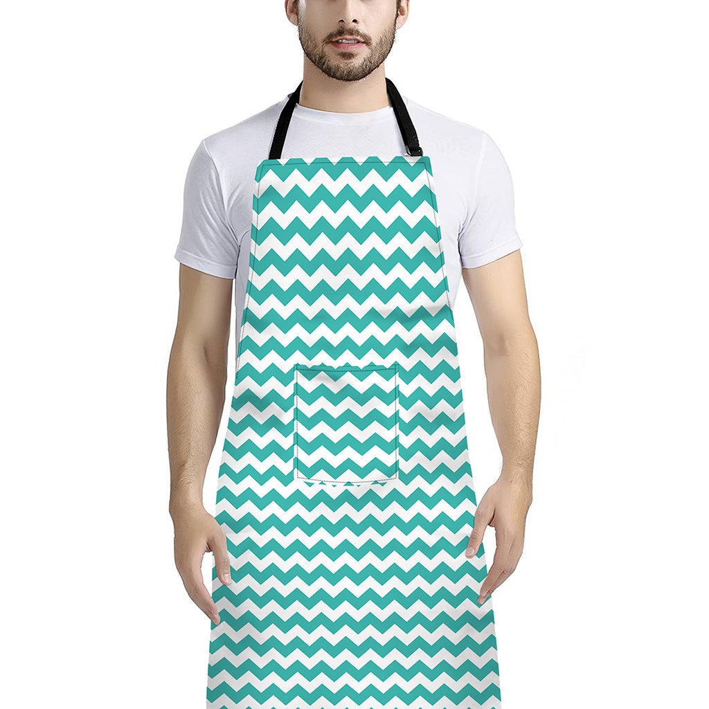 Teal And White Chevron Pattern Print Bib Apron With Pocket