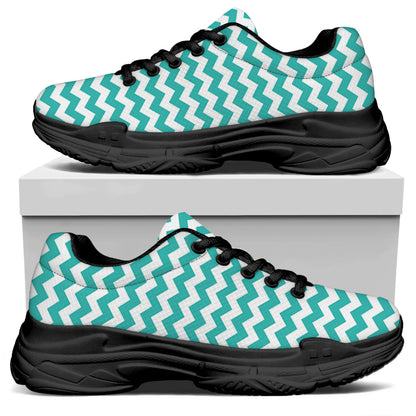 Teal And White Chevron Pattern Print Black Chunky Shoes