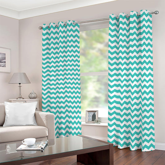 Teal And White Chevron Pattern Print Blackout Grommet Curtains