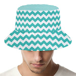 Teal And White Chevron Pattern Print Bucket Hat