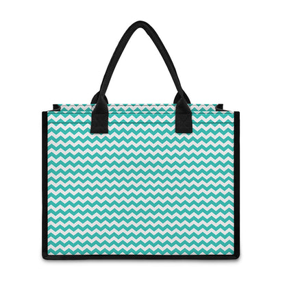 Teal And White Chevron Pattern Print Canvas Tote Bag