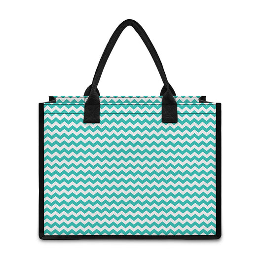 Teal And White Chevron Pattern Print Canvas Tote Bag