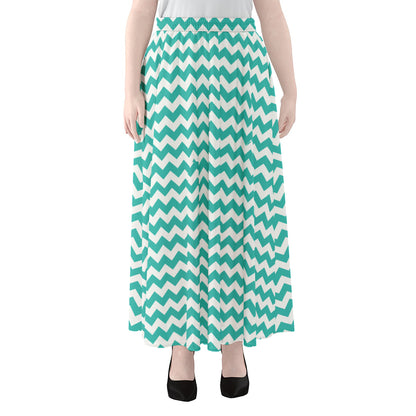 Teal And White Chevron Pattern Print Chiffon Maxi Skirt