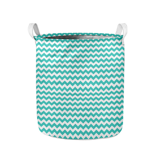 Teal And White Chevron Pattern Print Collapsible Laundry Basket