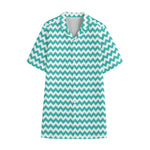 Teal And White Chevron Pattern Print Cotton Hawaiian Shirt