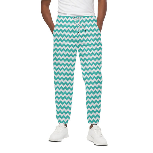 Teal And White Chevron Pattern Print Cotton Pants