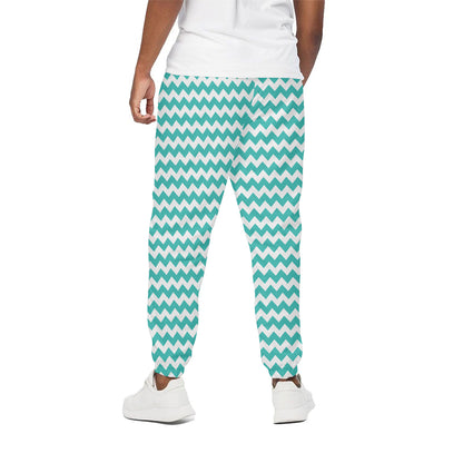 Teal And White Chevron Pattern Print Cotton Pants