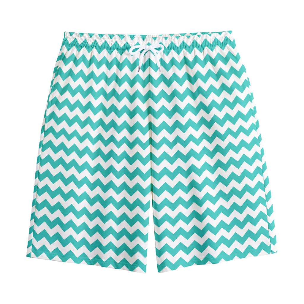 Teal And White Chevron Pattern Print Cotton Shorts