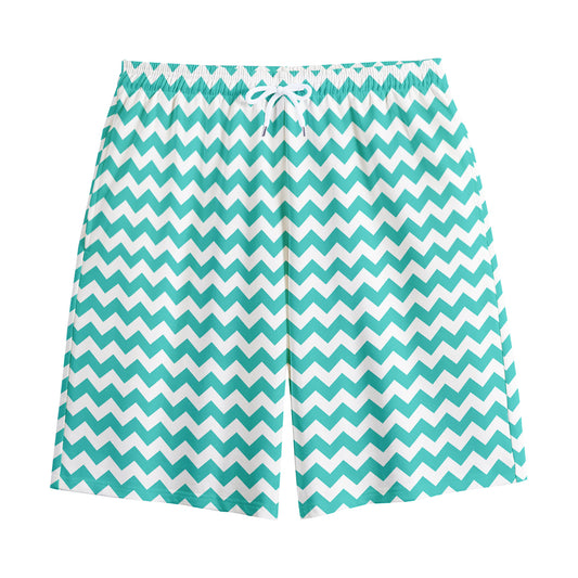 Teal And White Chevron Pattern Print Cotton Shorts