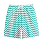 Teal And White Chevron Pattern Print Cotton Shorts