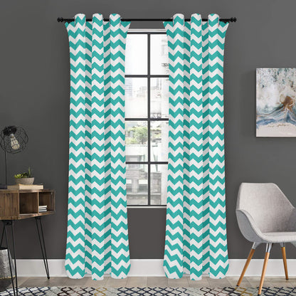 Teal And White Chevron Pattern Print Curtain
