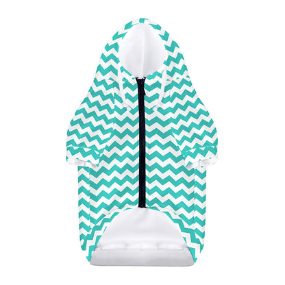 Teal And White Chevron Pattern Print Dog Zip Up Hoodie