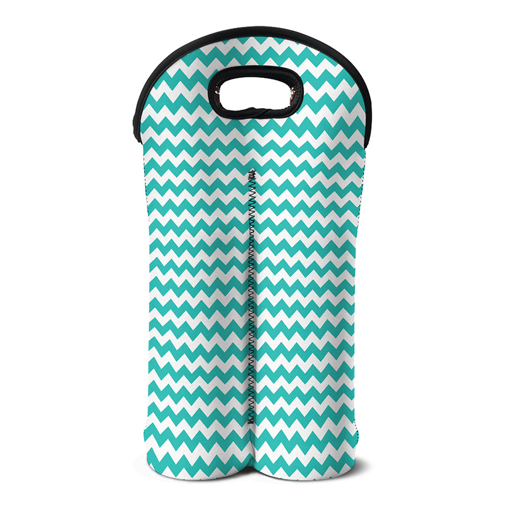 Teal And White Chevron Pattern Print Double Neoprene Wine Tote