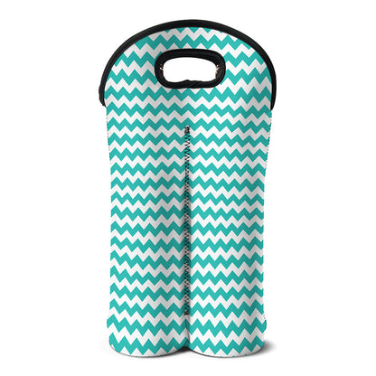 Teal And White Chevron Pattern Print Double Neoprene Wine Tote
