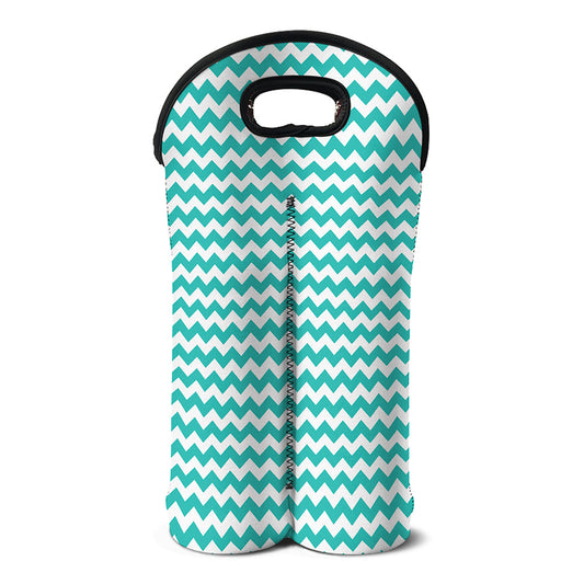Teal And White Chevron Pattern Print Double Neoprene Wine Tote
