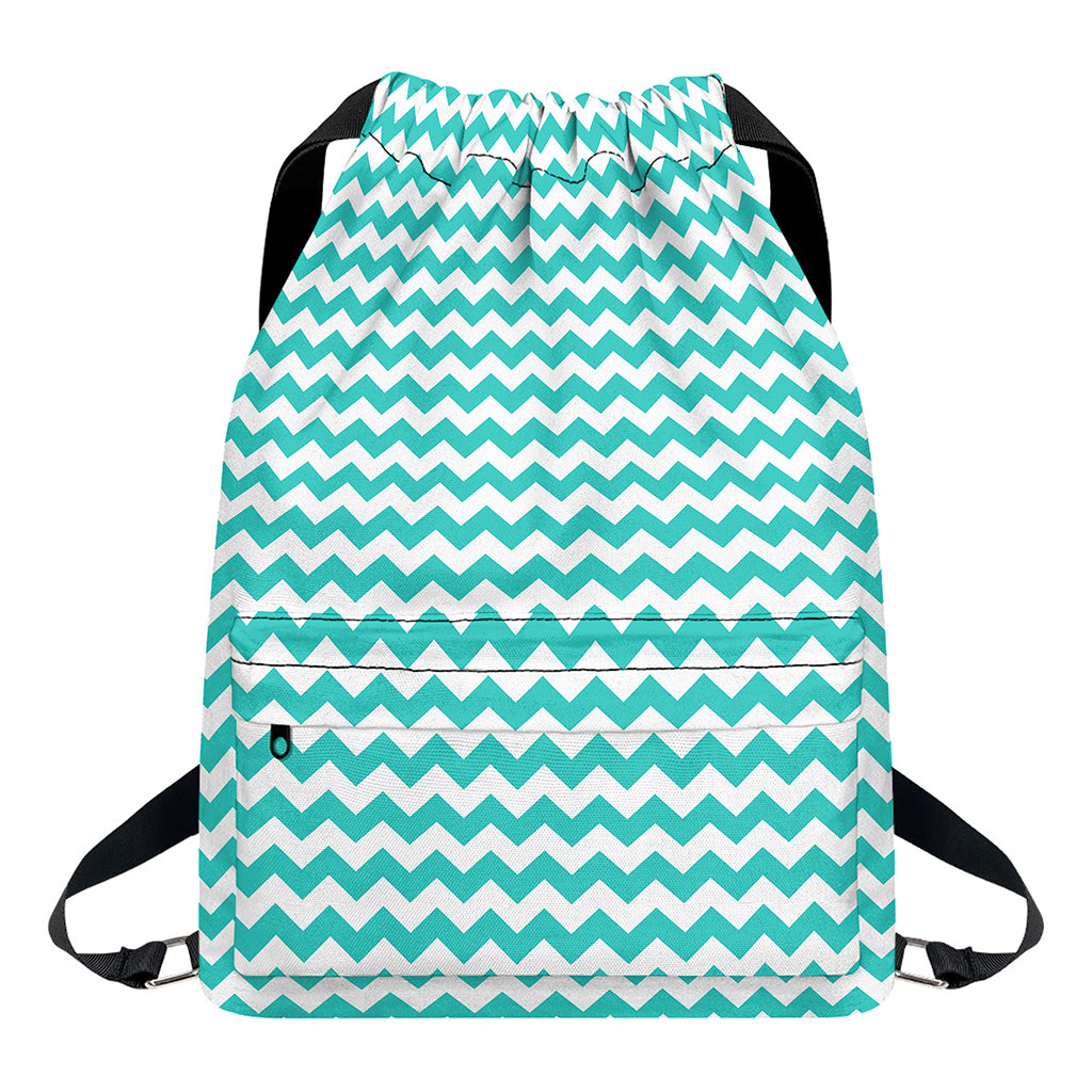Teal And White Chevron Pattern Print Drawstring Backpack