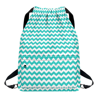 Teal And White Chevron Pattern Print Drawstring Backpack