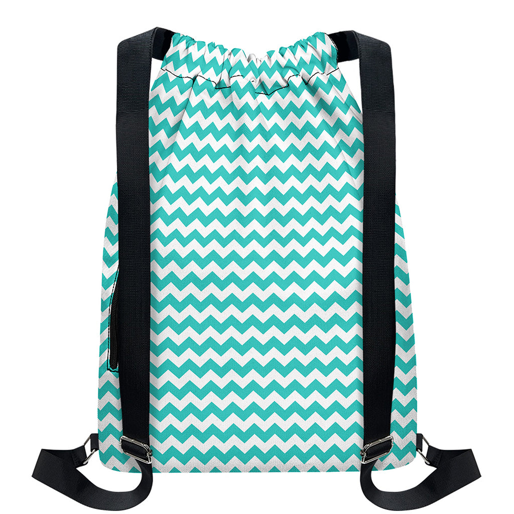 Teal And White Chevron Pattern Print Drawstring Backpack