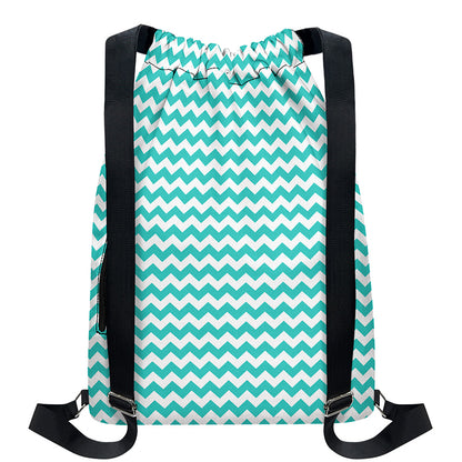 Teal And White Chevron Pattern Print Drawstring Backpack