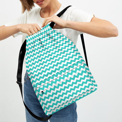 Teal And White Chevron Pattern Print Drawstring Backpack