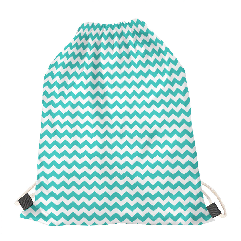 Teal And White Chevron Pattern Print Drawstring Bag
