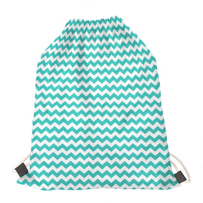 Teal And White Chevron Pattern Print Drawstring Bag