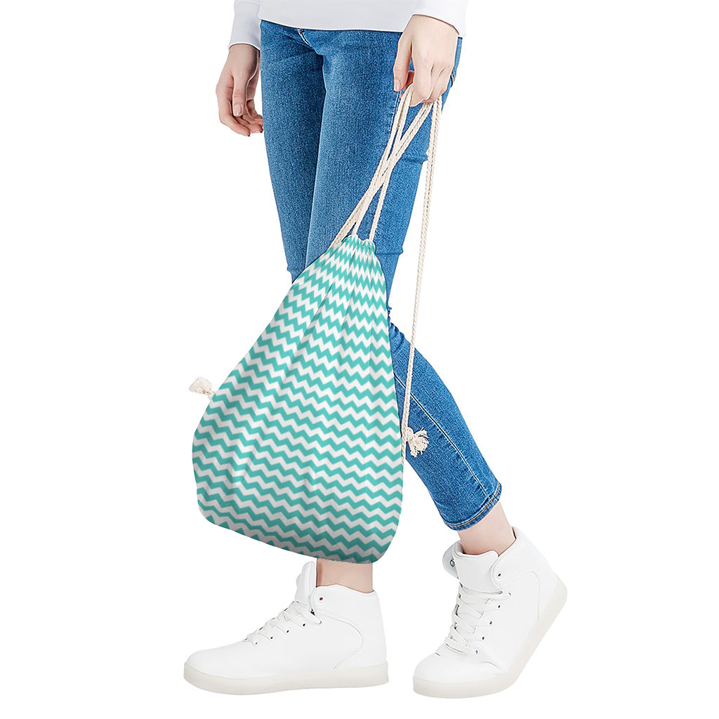 Teal And White Chevron Pattern Print Drawstring Bag