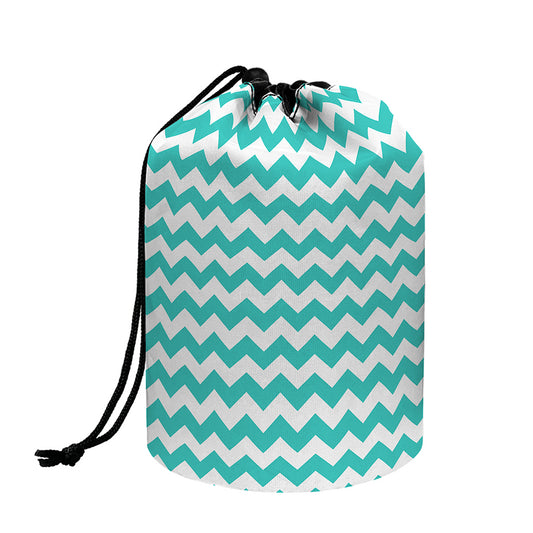 Teal And White Chevron Pattern Print Drawstring Makeup Bag