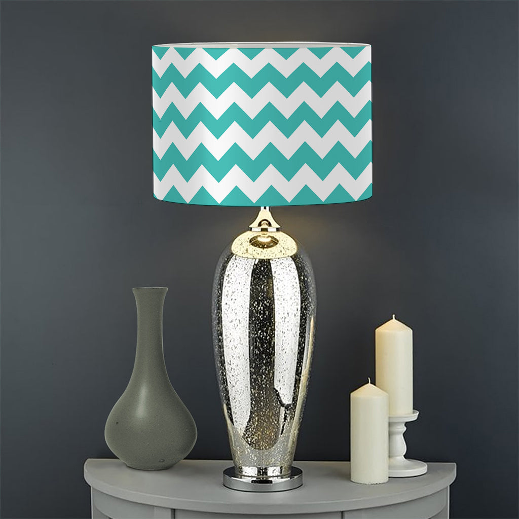 Teal And White Chevron Pattern Print Drum Lamp Shade