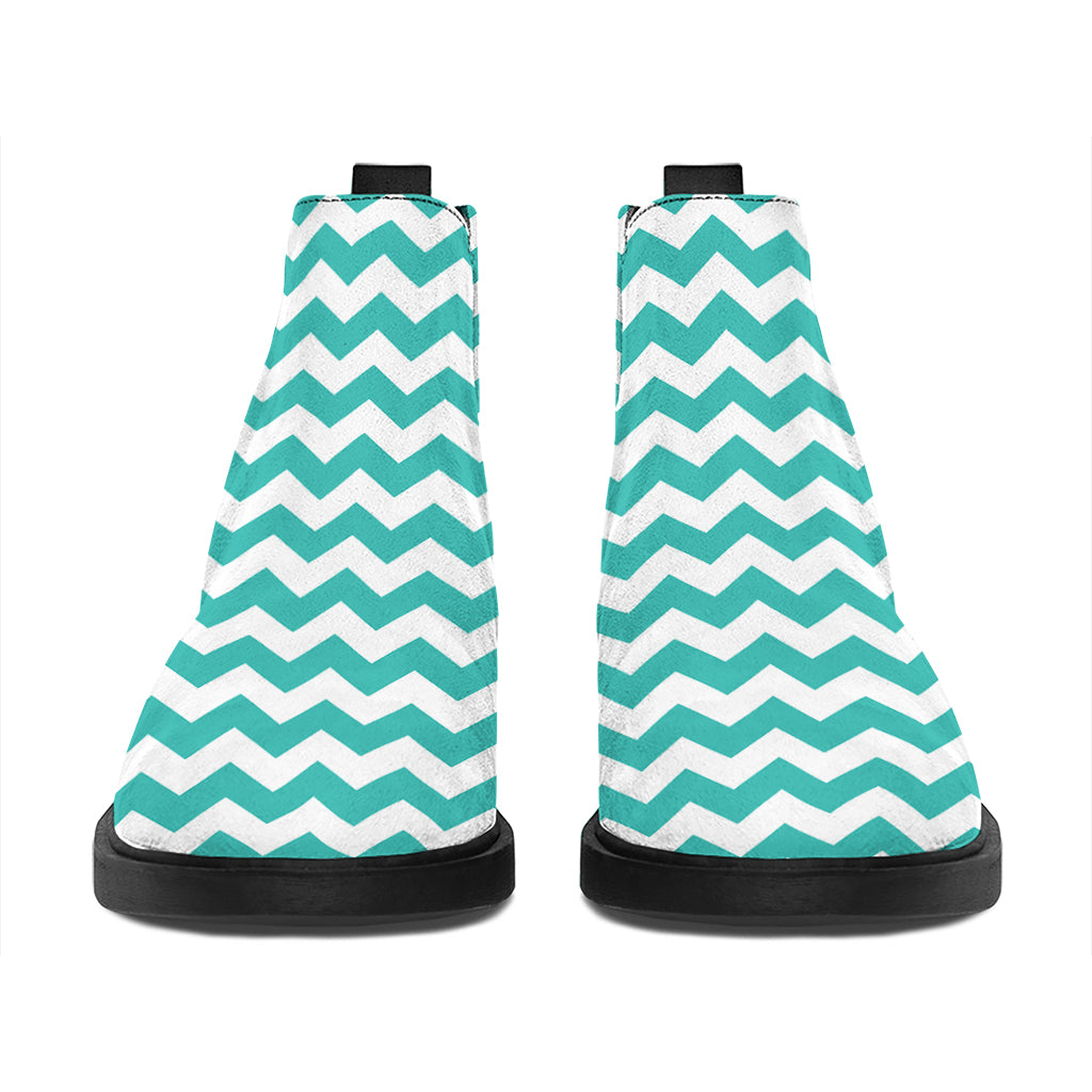 Teal And White Chevron Pattern Print Flat Ankle Boots