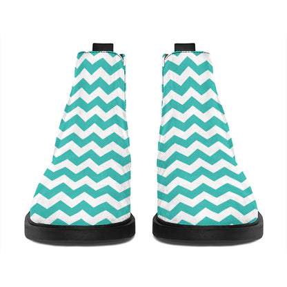 Teal And White Chevron Pattern Print Flat Ankle Boots