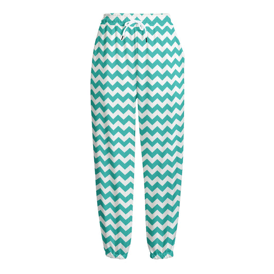 Teal And White Chevron Pattern Print Fleece Lined Knit Pants
