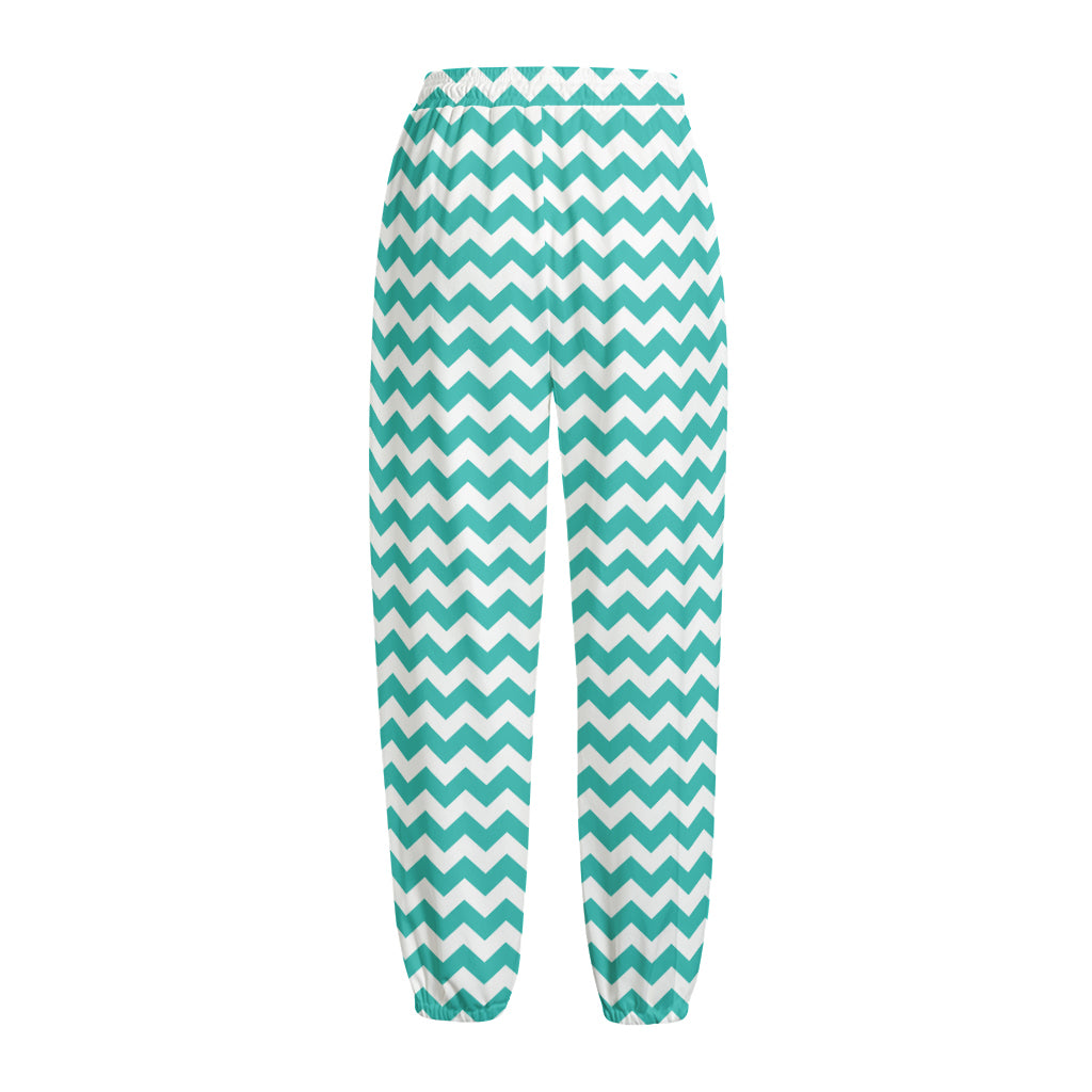 Teal And White Chevron Pattern Print Fleece Lined Knit Pants