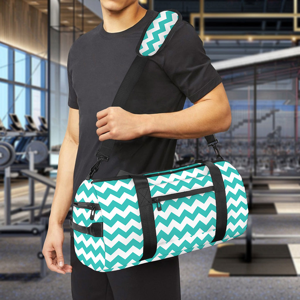 Teal And White Chevron Pattern Print Gym Bag