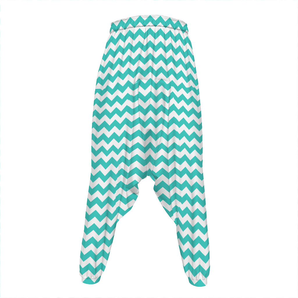 Teal And White Chevron Pattern Print Hammer Pants