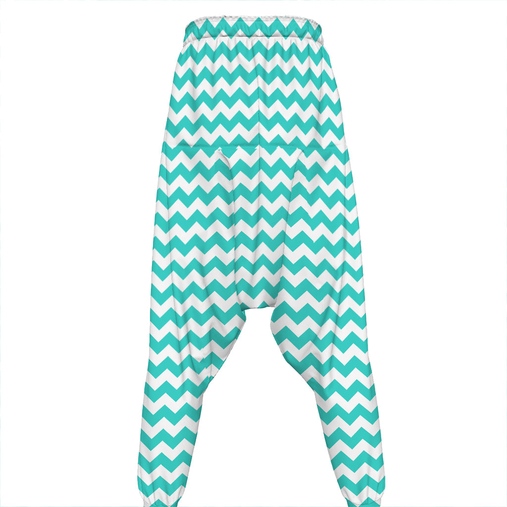 Teal And White Chevron Pattern Print Hammer Pants