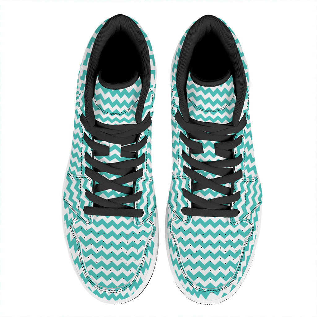 Teal And White Chevron Pattern Print High Top Leather Sneakers